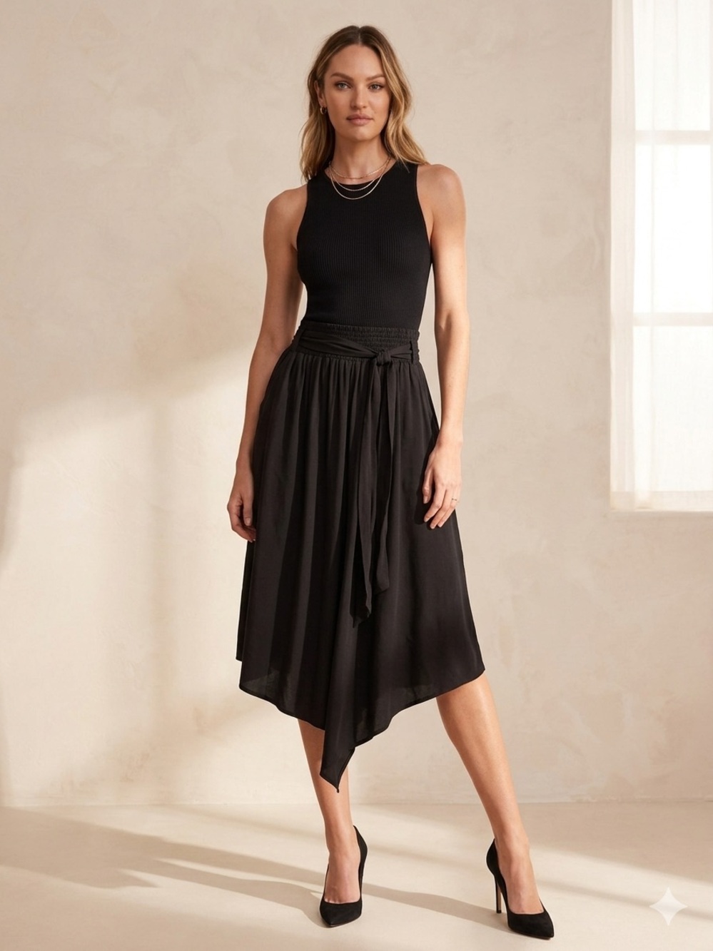 Kobi Halperin Black Viscose Midi Skirt Asymmetric Hem Belted Waist Boho Chic M